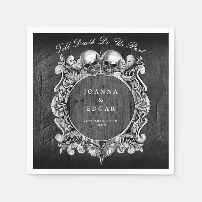 Guardanapo De Papel Casamento Gótico de Crânios de Madeira Rústica Neg (Frente)