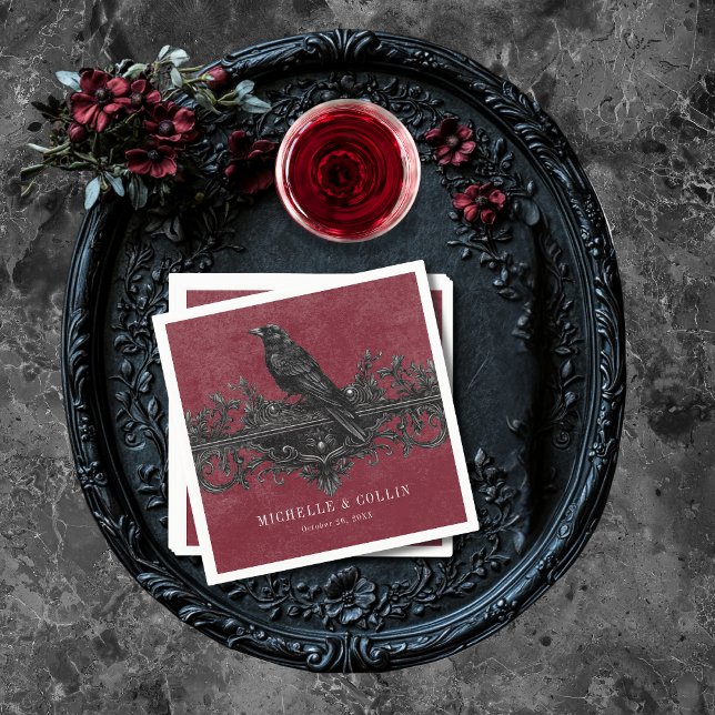 Guardanapo De Papel Casamento Gótico de Rosas Negras Raven & Black (Gothic Black Raven & Black Roses Wine Wedding Napkins)