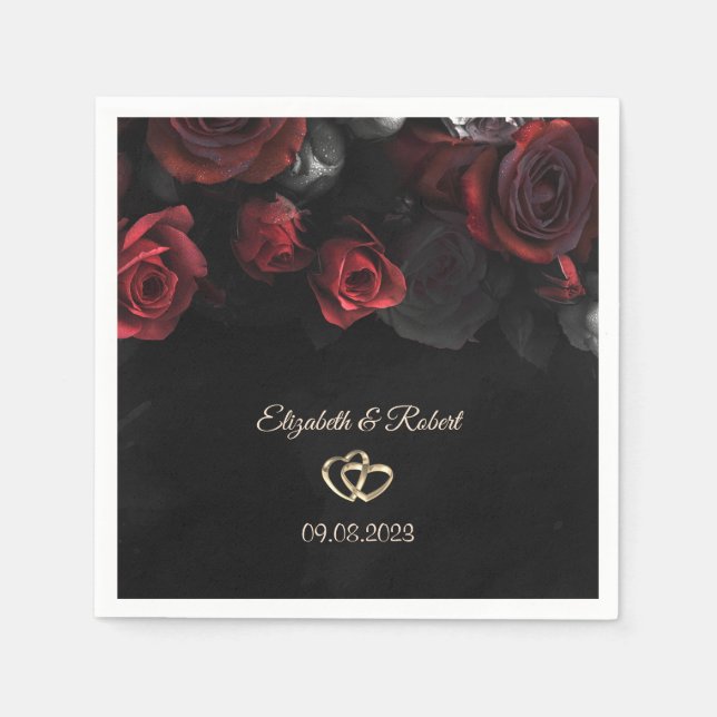 Guardanapo De Papel Casamento Gótico de Rosas Vermelhas Elegantes (Frente)