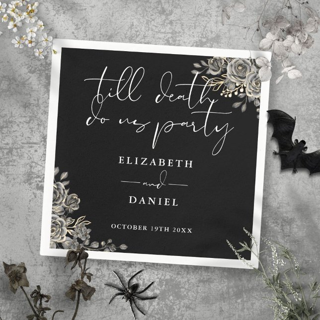 Guardanapo De Papel Casamento Gótico Floral De Rosas Negra E Branca (Black And White Roses Floral Gothic Wedding Napkins)