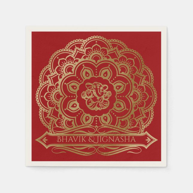 Guardanapo De Papel Casamento Indiano de Mandala Vermelho e Dourado Na (Frente)