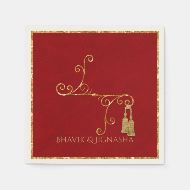 Guardanapo De Papel Casamento Índio Vermelho e Dourado de Tassel Napki (Frente)