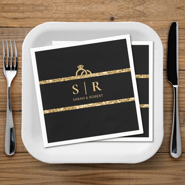 Guardanapo De Papel Casamento Inicial do Monograma Dourado e Luminter  (Black & Gold Glitter Monogram Initial Wedding Napkins)