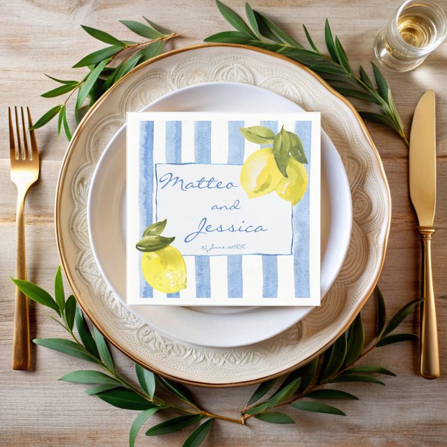 Guardanapo De Papel Casamento italiano das listras azuis de Handrawn (Handrawn blue stripes lemons Italian wedding monogrammed Napkins personalized decor printed napkins)