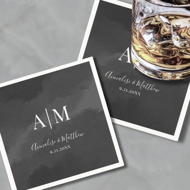 Guardanapo De Papel Casamento Mínimo Elegante do Monograma Branco Negr (Elegant Minimalist Black White Monogram Wedding Napkins)