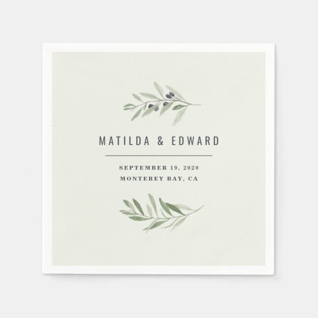 Guardanapo De Papel Casamento mínimo moderno de folhagem de oliveira (Frente)