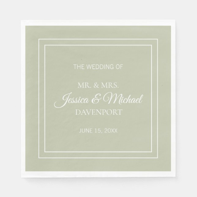 Guardanapo De Papel Casamento Moderno Elegante em Verde Sage e Branco (Frente)