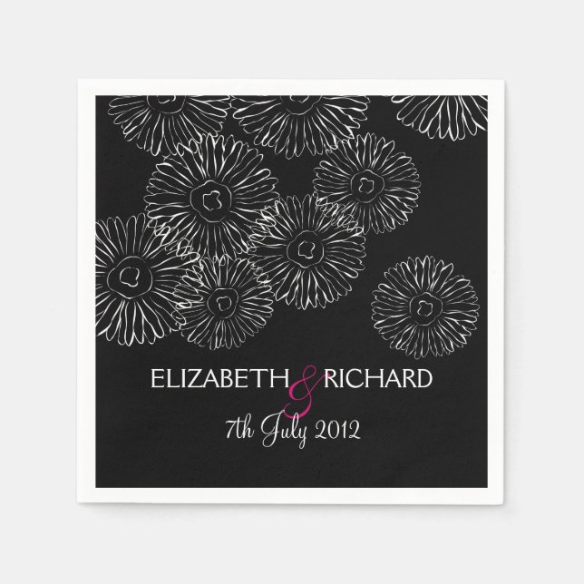 Guardanapo De Papel Casamento Moderno Preto Branco Boho Chic Daisy  (Frente)