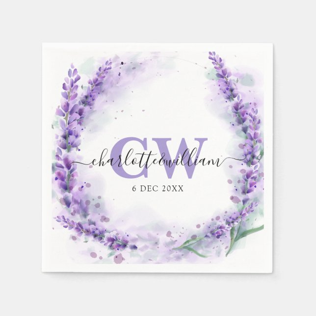 Guardanapo De Papel Casamento Monograma Aquarela Lavanda Elegante (Frente)