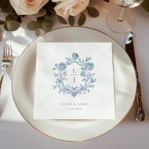 Guardanapo De Papel Casamento Monograma com Brasão Floral Azul Elegant