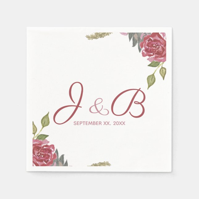 Guardanapo De Papel Casamento Monogramado com Rosas em Aquarela (Frente)