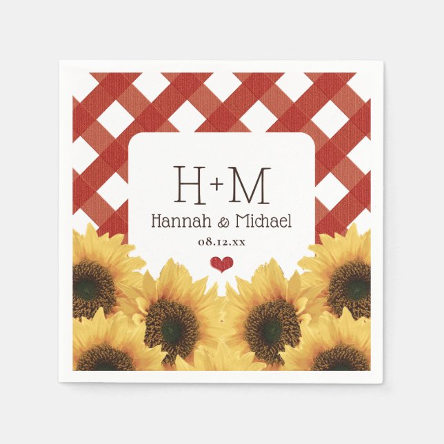 Guardanapo De Papel Casamento Monogrammed Sunflower e Red Gingham (Frente)