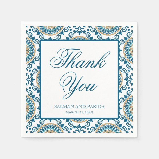 Guardanapo De Papel Casamento Mosaico Persa Azul Elegante (Frente)