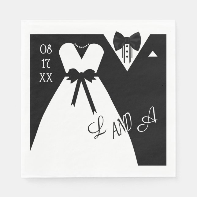 Guardanapo De Papel Casamento Napkin | Monograma de Noz Branca Preta (Frente)