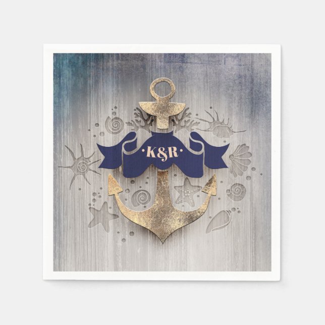 Guardanapo De Papel Casamento Náutico Azul Marinho Anchor ouro (Frente)