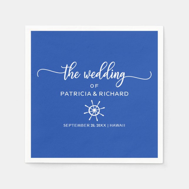 Guardanapo De Papel Casamento Náutico com Leme Azul Real e Branco (Frente)