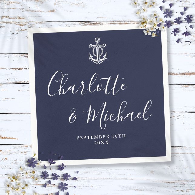 Guardanapo De Papel Casamento Náutico de Âncora Azul Elegante Marinho (Elegant Navy Blue Anchor Nautical Wedding Napkins)