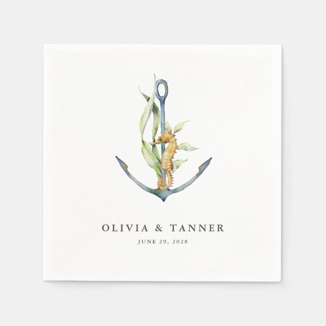 Guardanapo De Papel Casamento Náutico de Cavalo-Marinho e Âncora (Frente)