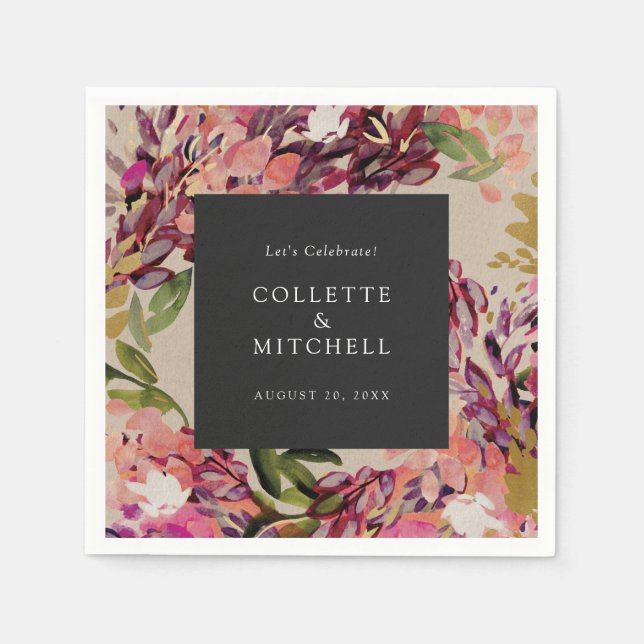 Guardanapo De Papel Casamento Negro Rosa-Rosa-Quente-Buquê Romântico (Frente)