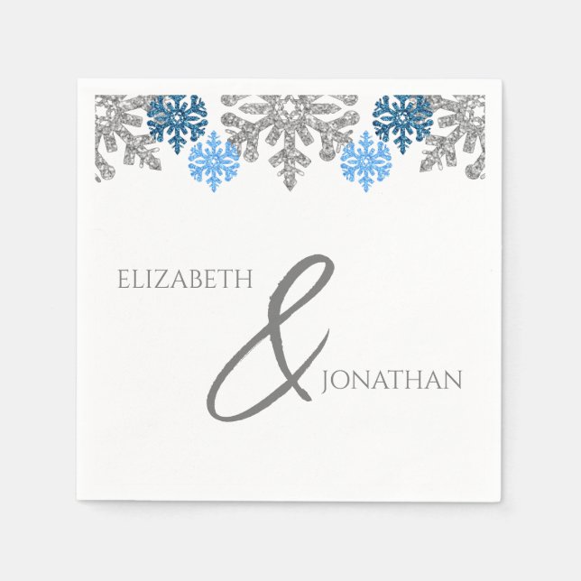Guardanapo De Papel Casamento no inverno Silver Blue Snowflakes (Frente)