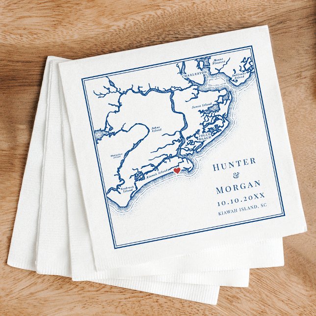Guardanapo De Papel Casamento Ocean Course Kiawah Island SC Mapa Azul (Kiawah Island SC Map Napkins for an Elegant Navy Blue Destination Wedding from Coastal Map Designs)