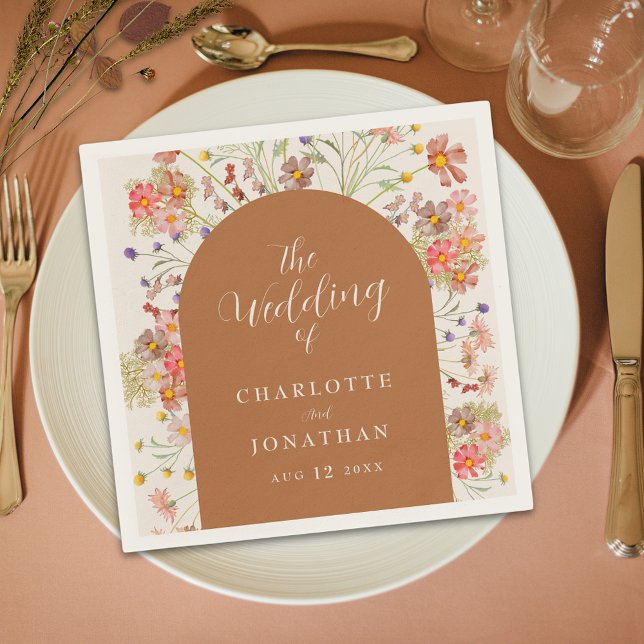 Guardanapo De Papel Casamento outono de Arco Floral Russo Boho (Boho rustic floral fall terracotta burnt orange custom Wedding napkins watercolor wildflowers script)