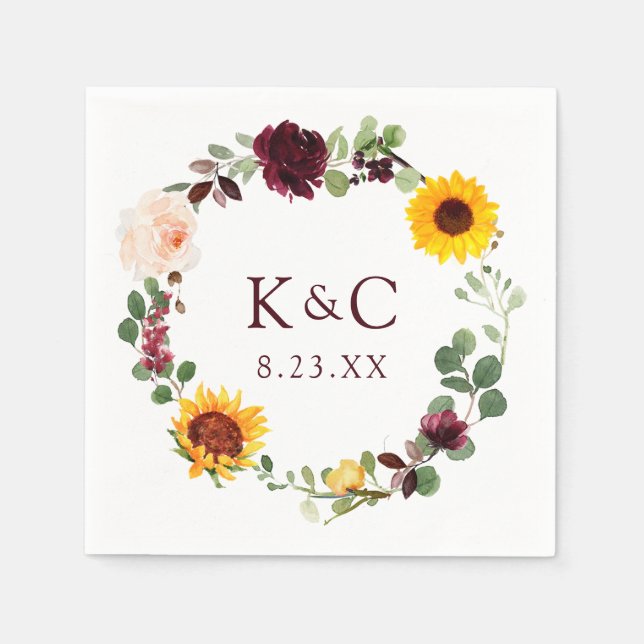 Guardanapo De Papel Casamento outono Sunflower Wreath Rosas Borgonha V (Frente)