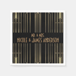 Guardanapo De Papel Casamento Personalizado Black & Gold 20's Art Déco