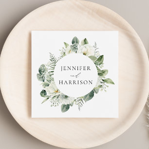 Guardanapo De Papel Casamento Personalizado com Flores Brancas e Verdu