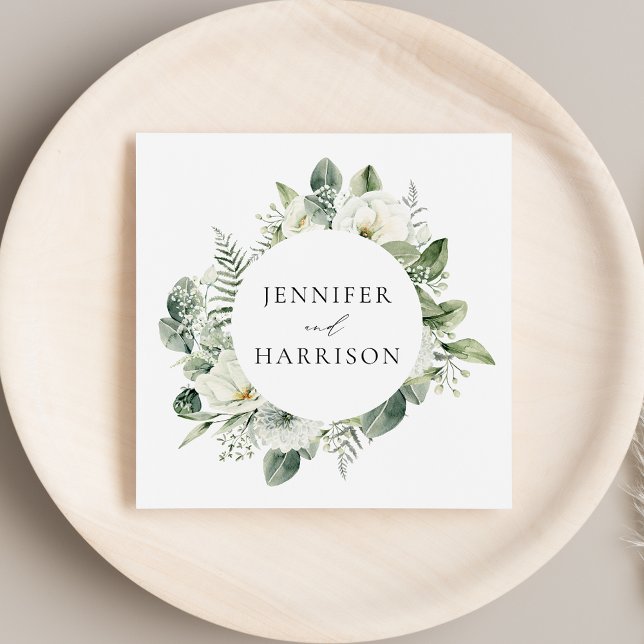 Guardanapo De Papel Casamento Personalizado com Flores Brancas e Verdu (Criador carregado)