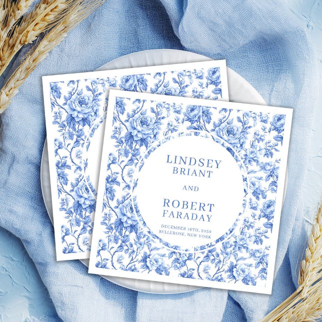 Guardanapo De Papel Casamento Personalizado com Toile de Rosas Navy El (Stylish Navy Toile Roses Personalized Wedding Napkin

)
