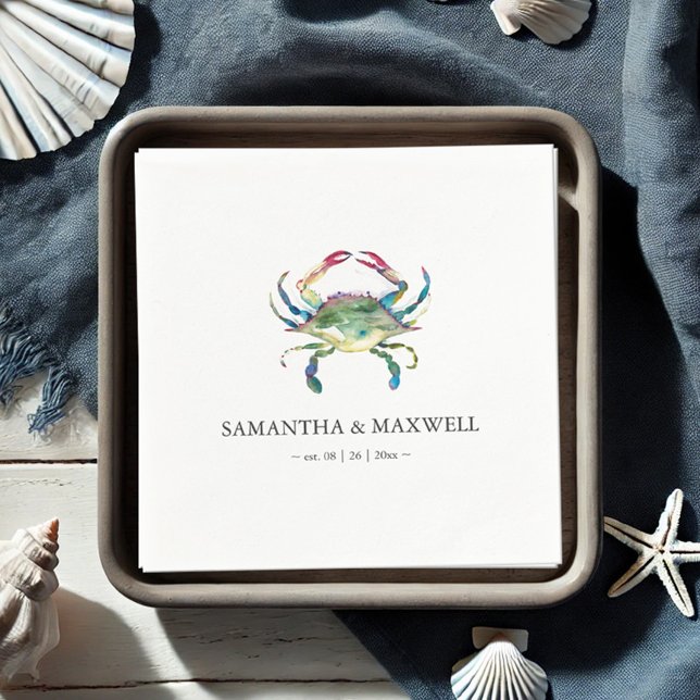 Guardanapo De Papel Casamento Personalizado de Praia de Caranguejo Azu (beach wedding personalized napkins feature watercolor blue crab art by Victoria Grigaliunas)