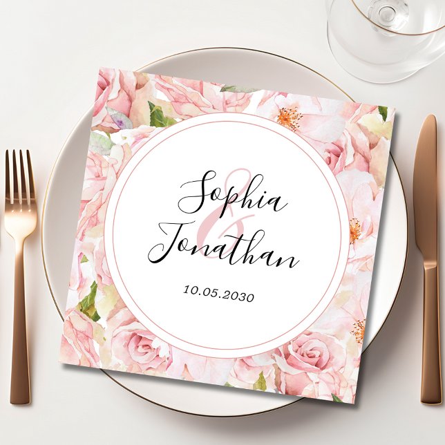 Guardanapo De Papel Casamento Personalizado de Rosas Rosa Elegante (Elegant Pink Roses Personalized Wedding Paper Napkin)