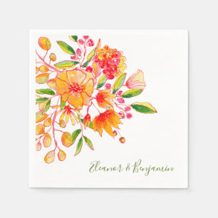 Guardanapo De Papel Casamento Personalizado Floral Cor de Rosa e Laran