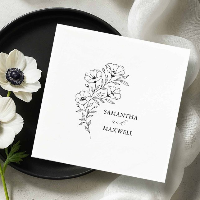 Guardanapo De Papel Casamento Personalizado Napkins Preto e Branco Flo (custom wedding napkins black and white anemone flowers line art by Victoria of Do Tell A Belle)