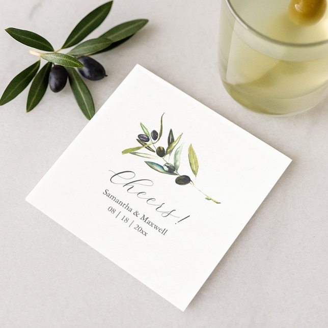 Guardanapo De Papel Casamento Personalizado Napkins Simple Olive Branc (a flat lay of olive wedding theme cocktail napkins watercolor art by Victoria Grigaliunas)