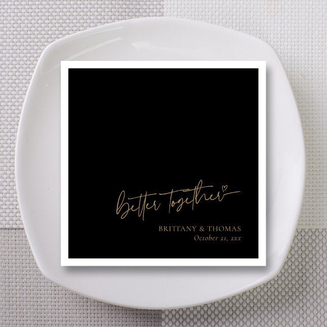 Guardanapo De Papel Casamento Personalizado Preto e Dourado Juntos é M (Personalized Black & Gold Better Together Wedding Napkins)