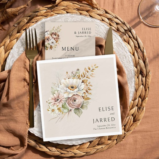 Guardanapo De Papel Casamento Personalizado Rustic Floral Brown Neutra (Wedding napkins from Rustic Floral Brown Neutral Wedding Collection by Darling & May)