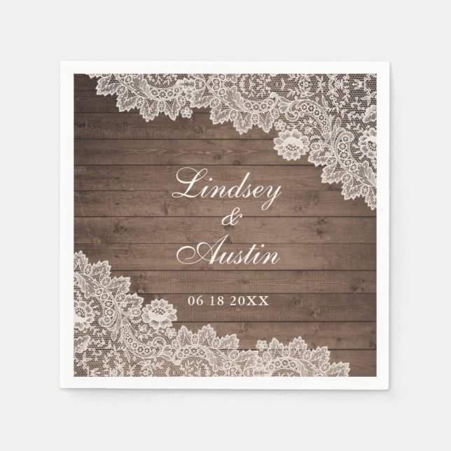 Guardanapo De Papel Casamento Personalizado Rustic Wood Lace (Frente)
