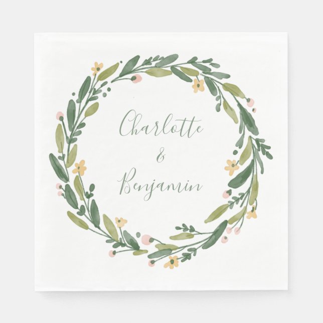 Guardanapo De Papel Casamento Personalizado Verde Floral Watercolor (Frente)