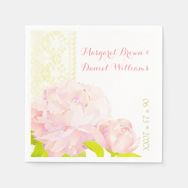 Guardanapo De Papel Casamento Pink Peony Ivory Faux Lace (Frente)