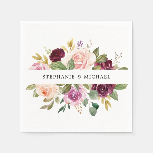 Guardanapo De Papel Casamento Plum Purple Blush Botânico De Cor Rosa (Frente)