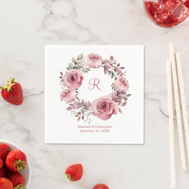 Guardanapo De Papel Casamento por Aquarela com Rosas Rosa Monograma (Insitu)
