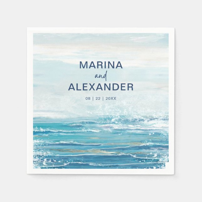 Guardanapo De Papel Casamento por Aquarela Costeira das Ondas de Praia (Frente)