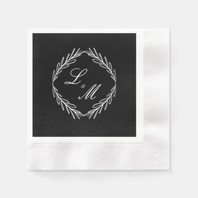 Guardanapo De Papel Casamento Preto Branco Ramo Script Monograma (Frente)