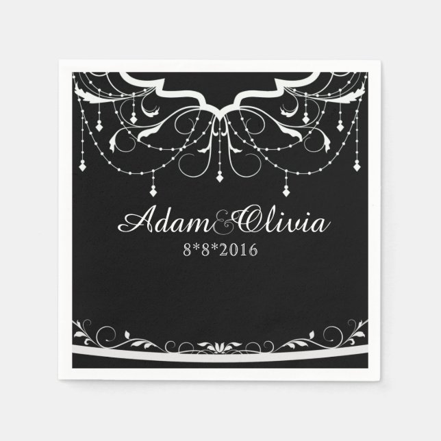 Guardanapo De Papel Casamento Preto Chic Floral Chandelier (Frente)