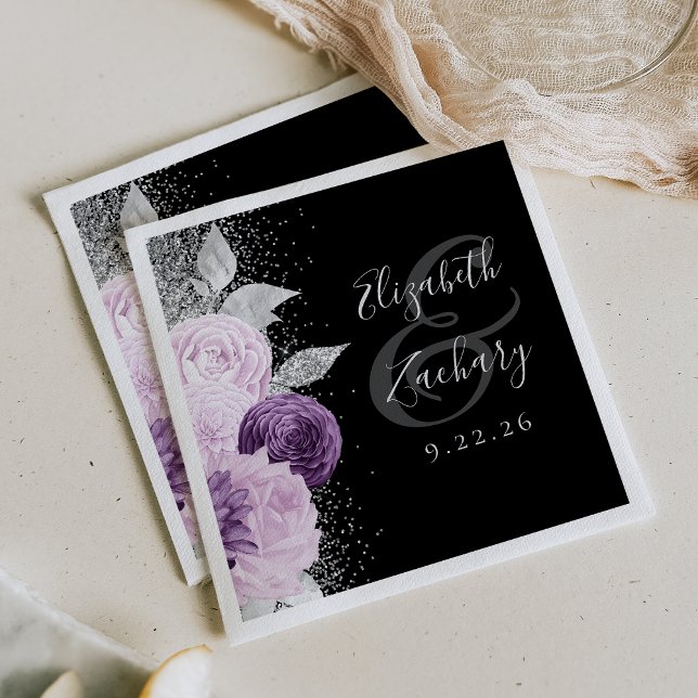 Guardanapo De Papel Casamento Preto com Espelho de Prata Roxo Floral (Criador carregado)