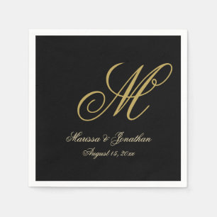 Guardanapo De Papel Casamento Preto com Script de Monograma Dourado