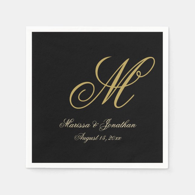 Guardanapo De Papel Casamento Preto com Script Monograma Dourado Chic (Frente)