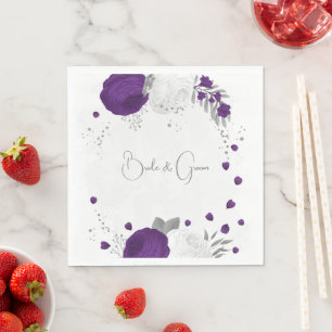 Guardanapo De Papel casamento real roxo e flores brancas de prata